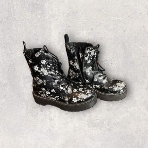 black and white floral heeled boots